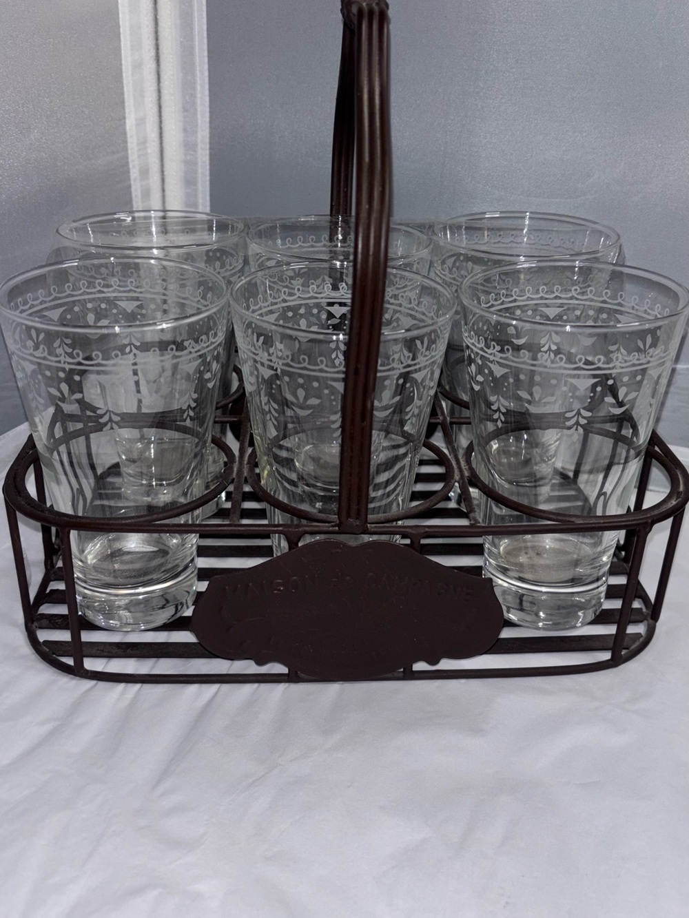 Etched Glass Tumbler Set with Dark Metal Carrier farmhouse decor Classic Cottage